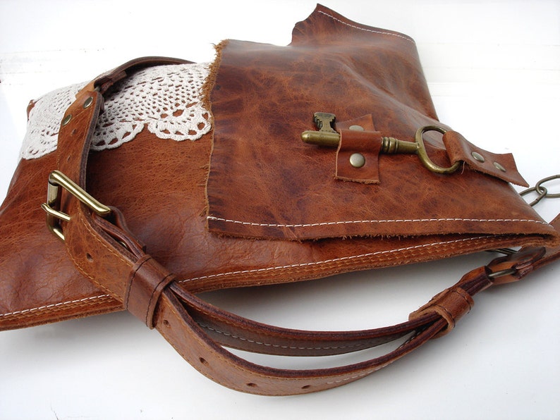 Leather Boho Messenger Bag with Antique Key and Crochet Lace Large Deluxe Hanging Key Style Adjustable Buckle Strap MADE TO ORDER image 2