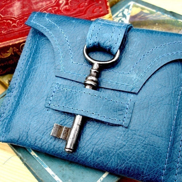 Boy Blue Genteel Leather Wallet with Antique Skeleton Key... Made to Order