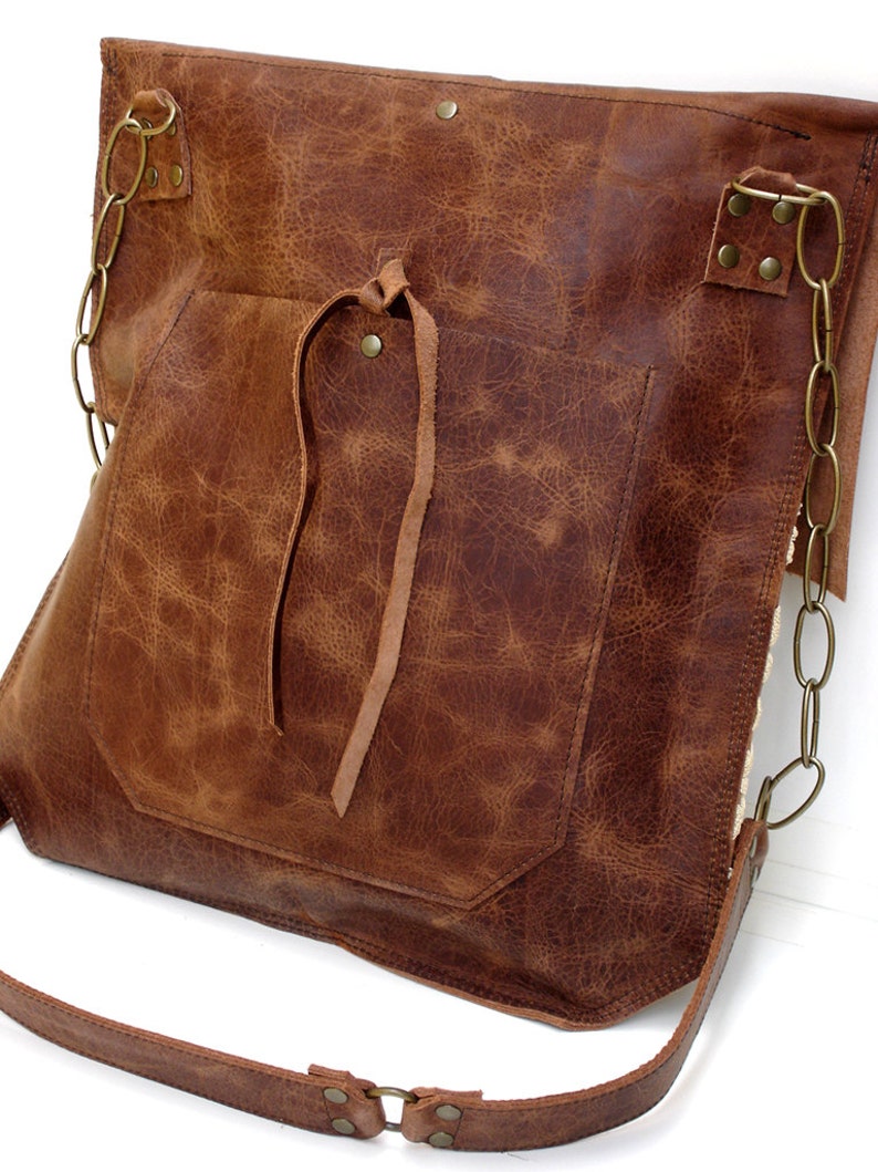 XL Boho Leather Messenger Bag With Crochet Lace & Antique Key Etsy