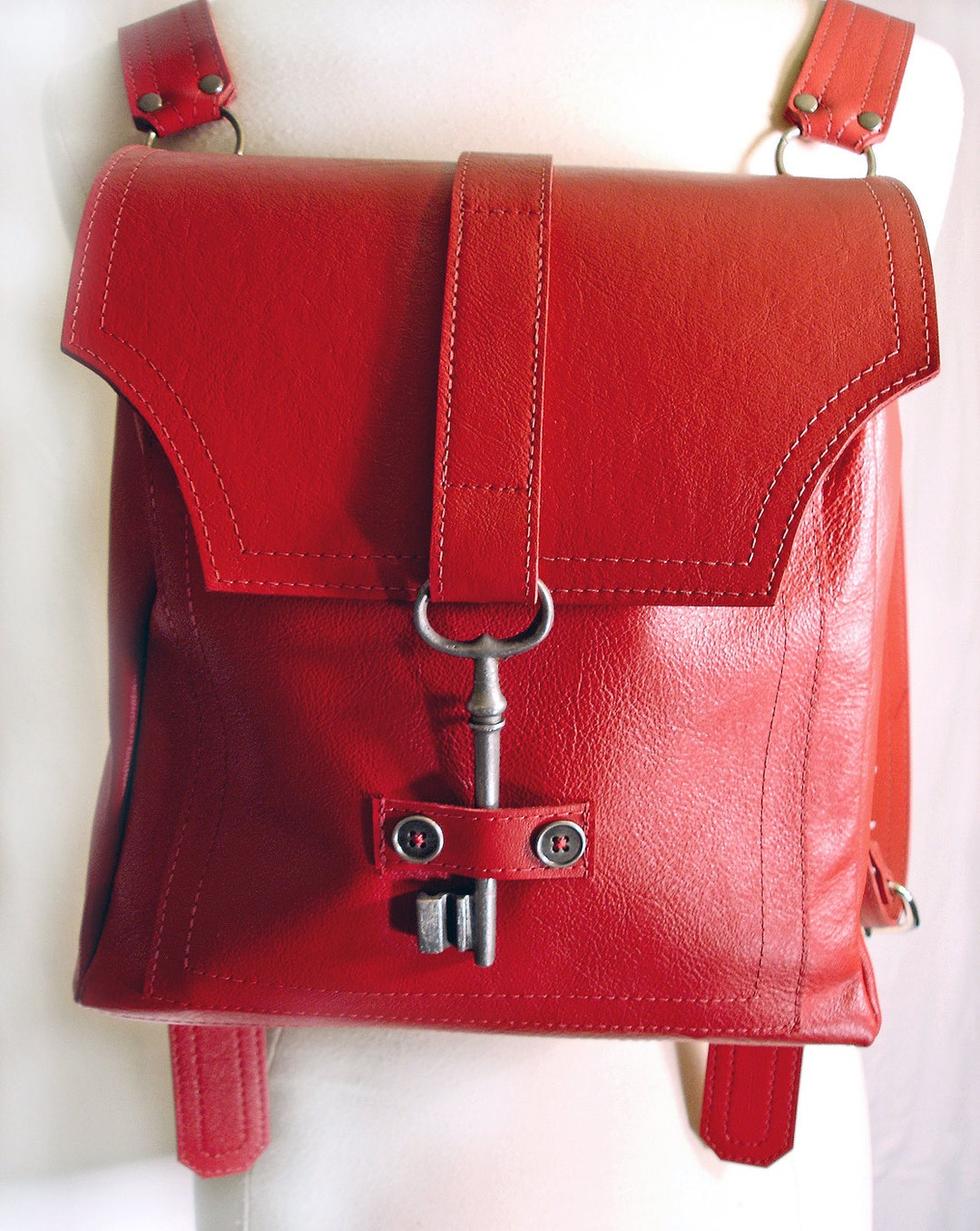 Red Leather Backpack With Antique Key Steampunk Backpack - Etsy