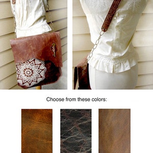 XL Boho Leather Messenger Bag with Crochet Lace & Antique Key MADE to ORDER image 5