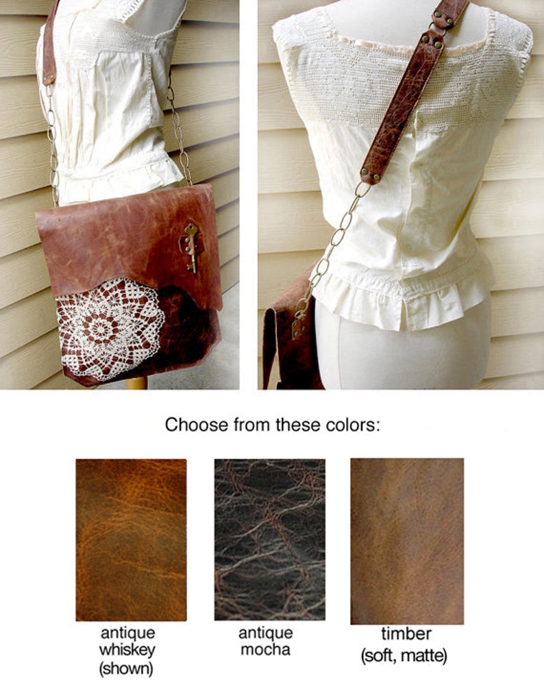 XL Boho Leather Messenger Bag with Crochet Lace & Antique Key MADE to ORDER image 5