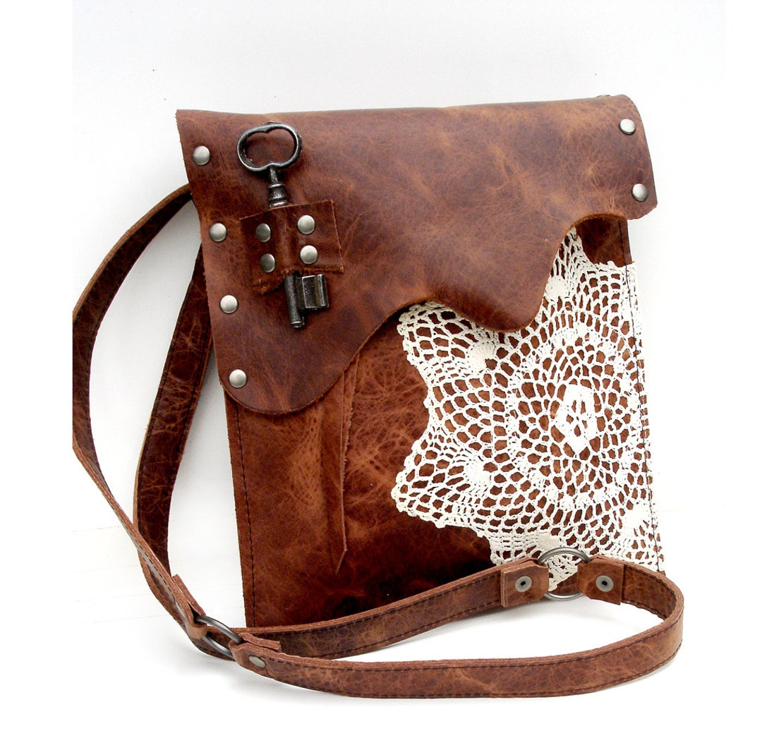 Leather Boho Messenger Bag With Crochet Doily and Antique Key Etsy