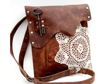 Leather Boho Messenger Bag with Crochet Doily and Antique Key - Medium One Of A Kind - MADE TO ORDER