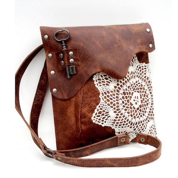 Leather Boho Messenger Bag with Crochet Doily and Antique Key - Medium One Of A Kind - MADE TO ORDER