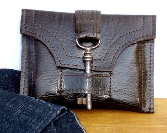 Brown or Black Leather Wallet with Antique Skeleton Key and Snap - Steampunk Unisex MADE TO ORDER