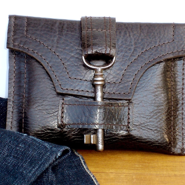 Brown or Black Leather Wallet with Antique Skeleton Key and Snap - Steampunk Unisex MADE TO ORDER