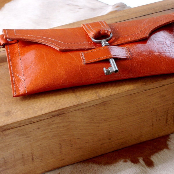 Orange Leather Wristlet with Antique Key - Blood Orange Steampunk Wrist Wallet Checkbook Wallet