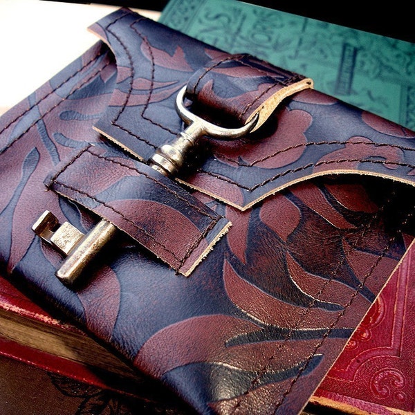Hot Chocolate Damask Leather Wallet with Antique Skeleton Key