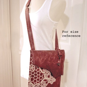 Leather Boho Messenger Bag with Antique Key and Crochet Lace Doily Large Working Key Style MADE TO ORDER image 4