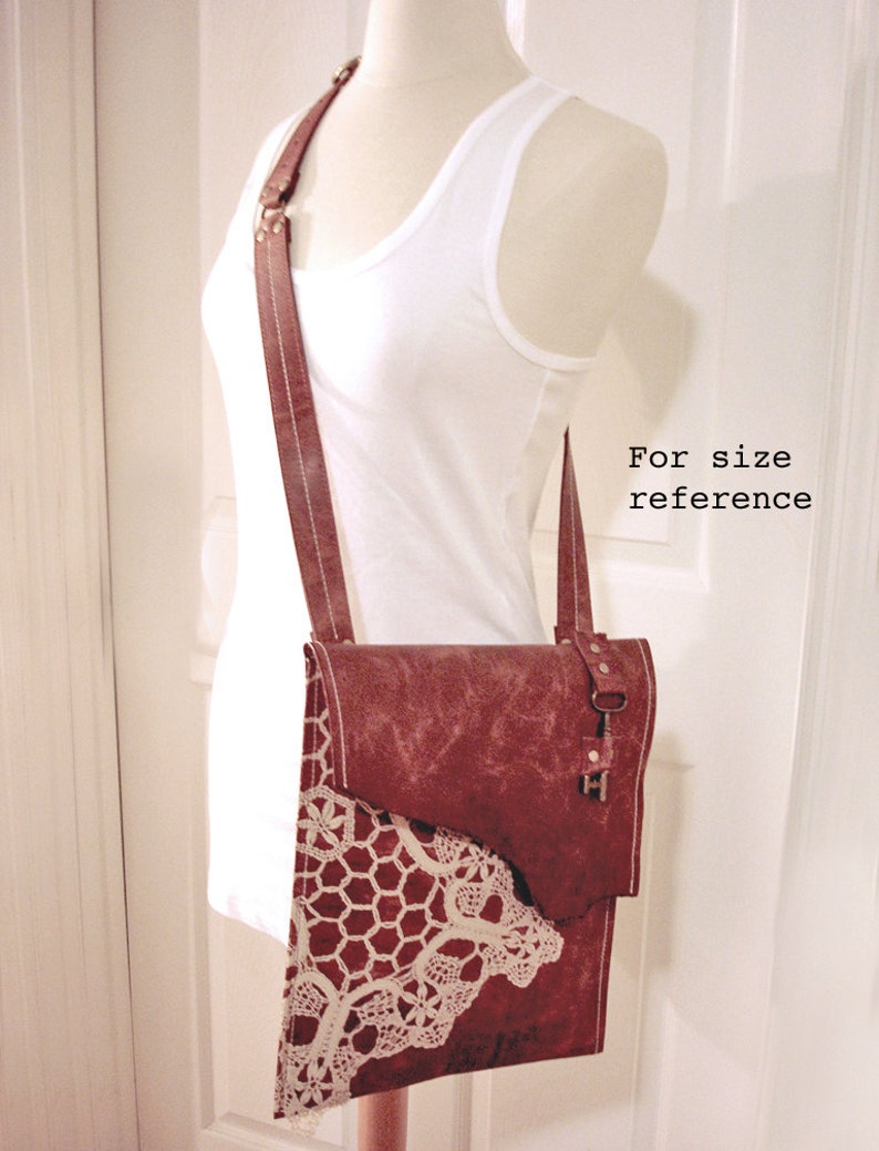 Leather Boho Messenger Bag with Antique Key and Crochet Lace Doily Large Working Key Style MADE TO ORDER image 4