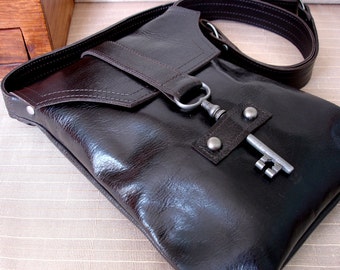 Brown Leather Messenger with Antique Skeleton Key - Espresso Steampunk Flat Style - MADE TO ORDER