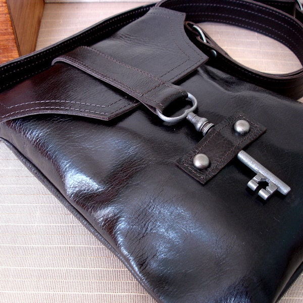 Brown Leather Messenger with Antique Skeleton Key - Espresso Steampunk Flat Style - MADE TO ORDER