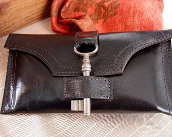 Dark Brown or Black Leather Checkbook Wallet with Antique Key and Snap - Credit Card & Wristlet Options - MADE TO ORDER