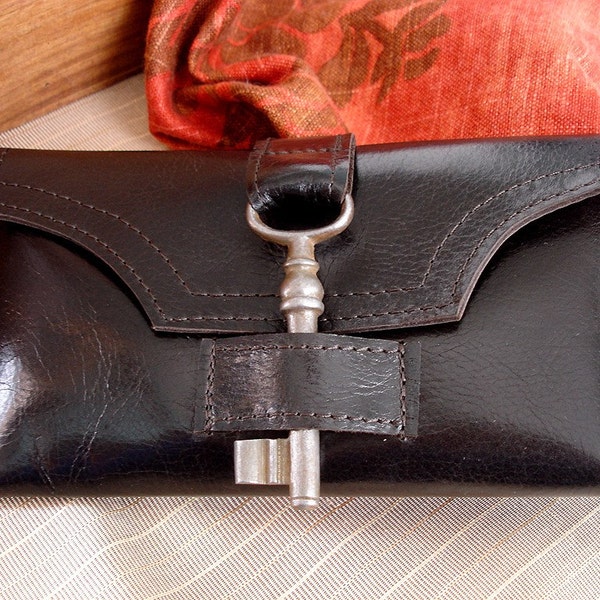 Dark Brown or Black Leather Checkbook Wallet with Antique Key and Snap - Credit Card & Wristlet Options - MADE TO ORDER