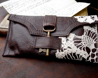 Boho Brown Leather Checkbook Credit Card Wallet Wristlet w/ Brass Antique Key & Crochet Lace - MADE TO ORDER