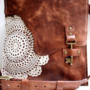 Leather Boho Messenger Bag with Antique Key and Crochet Lace Doily Large Working Key Style MADE TO ORDER image 2