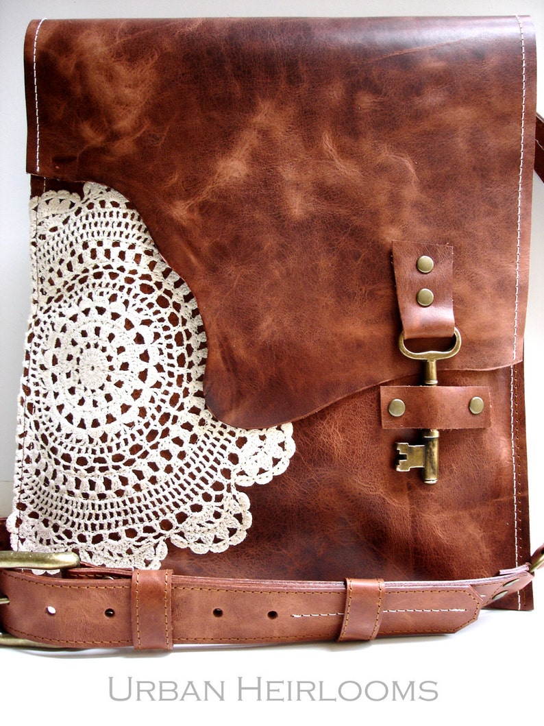 Leather Boho Messenger Bag with Antique Key and Crochet Lace Doily Large Working Key Style MADE TO ORDER image 2