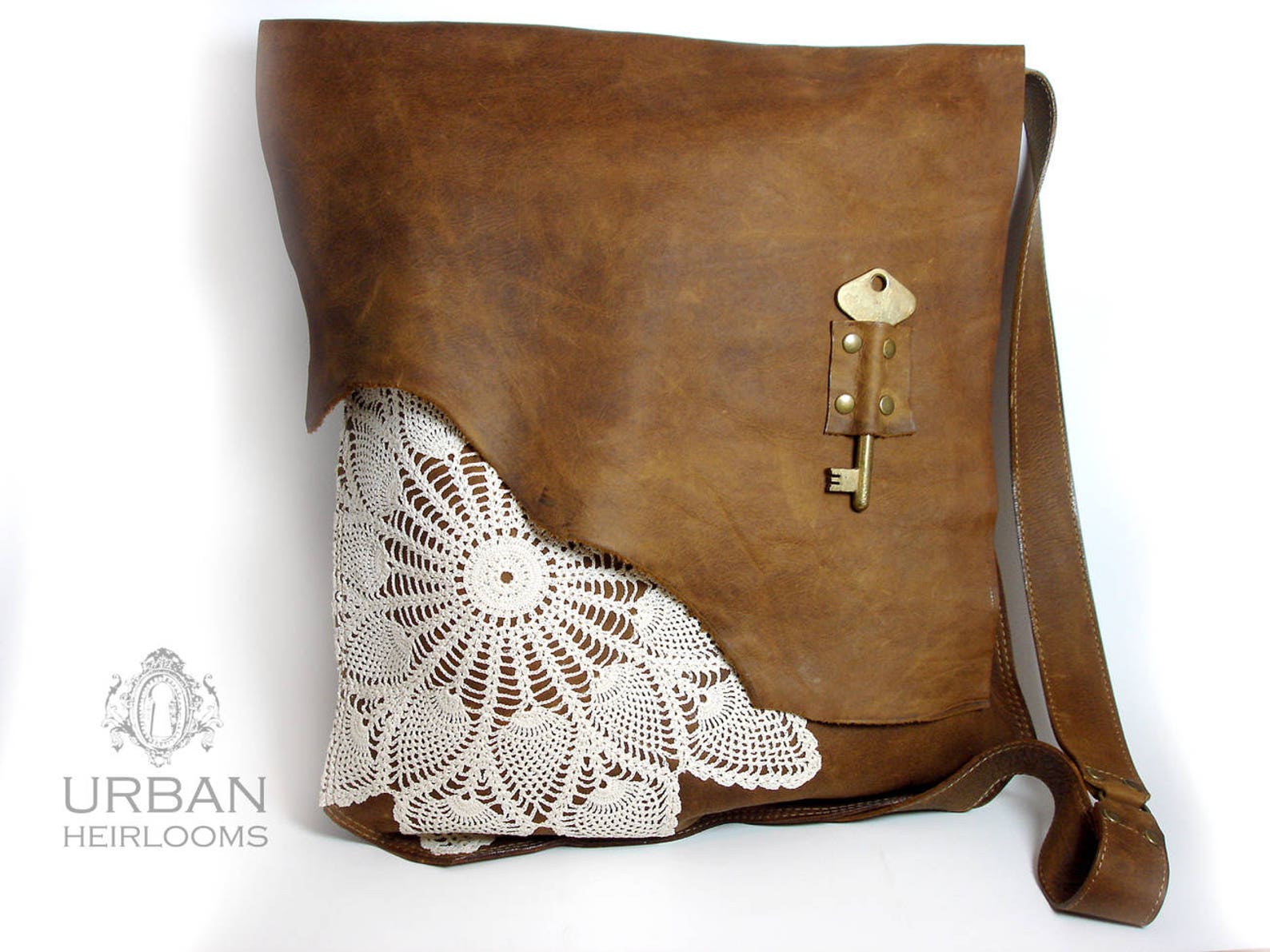 XL Boho Leather Messenger Bag With Crochet Lace & Antique Key Etsy