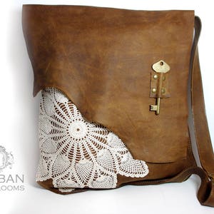 XL Boho Leather Messenger Bag with Crochet Lace & Antique Key MADE to ORDER image 8