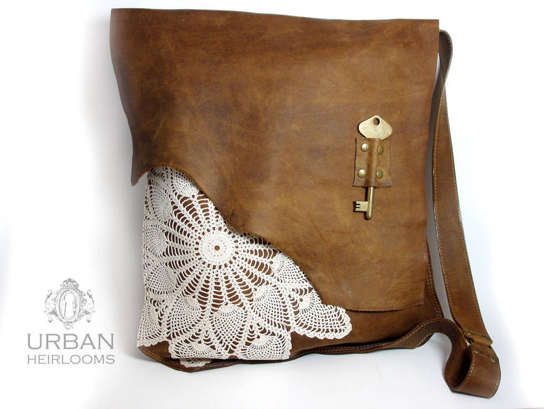 XL Boho Leather Messenger Bag with Crochet Lace & Antique Key MADE to ORDER image 8