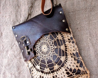 Boho Leather Festival Bag with Crochet Lace Doily and Antique Key - MADE TO ORDER - One Of A Kind