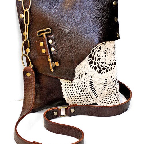 XL Boho Leather Messenger Bag With Crochet Lace & Antique Key Etsy