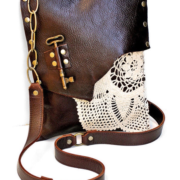 Brown Leather Boho Messenger Bag with Crochet Doily and Antique Key - Medium One Of A Kind - MADE TO ORDER