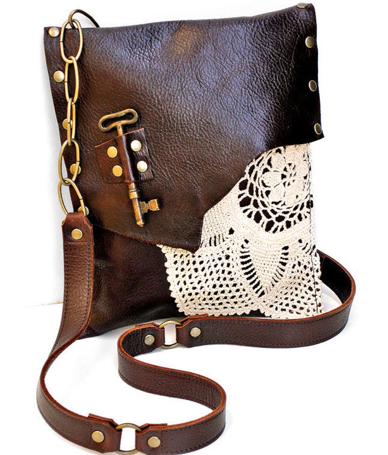 Brown Leather Boho Messenger Bag With Crochet Doily and Etsy