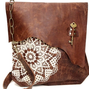 XL Boho Leather Messenger Bag with Crochet Lace & Antique Key MADE to ORDER image 1