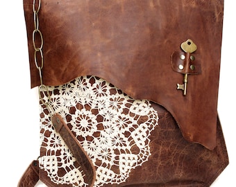 XL Boho Leather Messenger Bag with Crochet Lace & Antique Key - MADE to ORDER