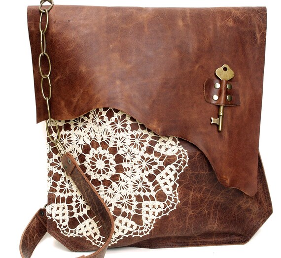 XL Boho Leather Messenger Bag with Crochet Lace & Antique Key - MADE to ORDER