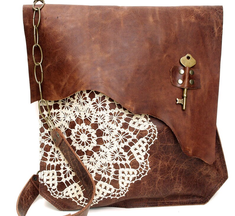 XL Boho Leather Messenger Bag with Crochet Lace & Antique Key MADE to ORDER image 1