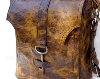 Brown Leather Messenger Bag with Antique Key - The Sojourner Rustic Unisex Book Bag Overnight Carry On Travel - MADE TO ORDER