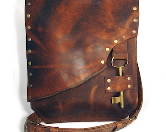 Rust Leather Crossbody Messenger Bag with Vintage Brass Key Closure - Desert Rose Whiskey Leather Purse MADE TO ORDER