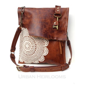 Leather Boho Messenger Bag with Antique Key and Crochet Lace Large Deluxe Hanging Key Style Adjustable Buckle Strap MADE TO ORDER image 1