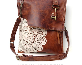 Leather Boho Messenger Bag with Antique Key and Crochet Lace - Large Deluxe Hanging Key Style - Adjustable Buckle Strap - MADE TO ORDER