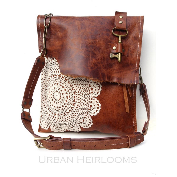 Leather Boho Messenger Bag with Antique Key and Crochet Lace - Large Deluxe Hanging Key Style - Adjustable Buckle Strap - MADE TO ORDER