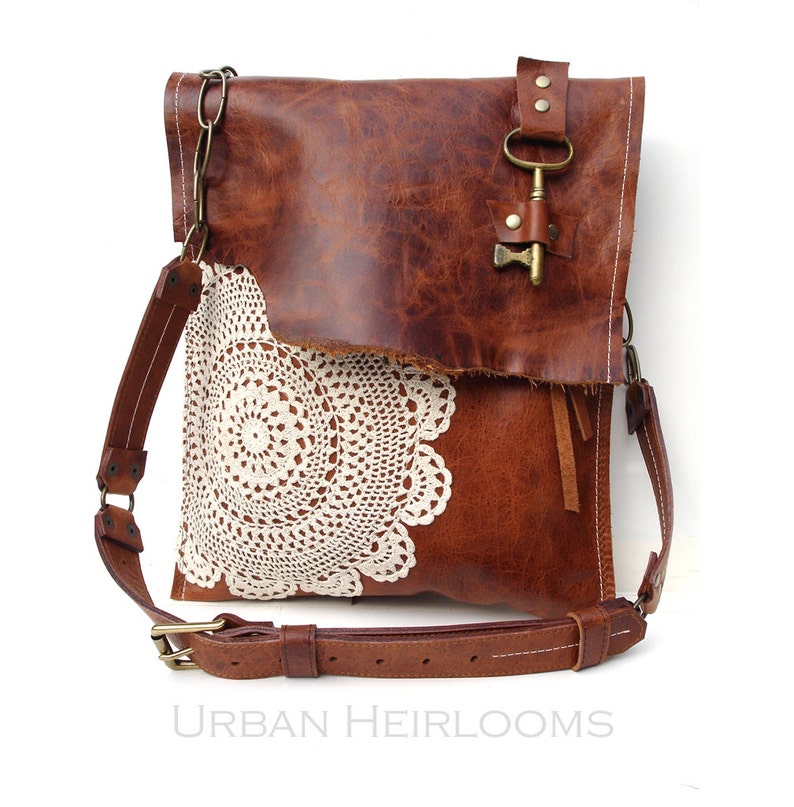 Leather Boho Messenger Bag with Antique Key and Crochet Lace Large Deluxe Hanging Key Style Adjustable Buckle Strap MADE TO ORDER image 1