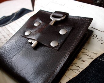 Dark Brown Leather Wallet with Vintage Skeleton Key - Men's Espresso Steampunk Bifold MADE TO ORDER