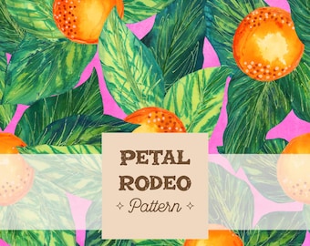 Hand Painted Oranges leaves Repeat Pattern File | Pink Green Orange | Summer Bold Bright Tropical Citrus Transparent PNG Digital Download
