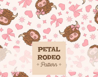 Cute Highland Cow Seamless Repeat Pattern | Pink Bows Coquette Hearts | Boho Country Western Digital Download Girl Design Valentines Day PNG