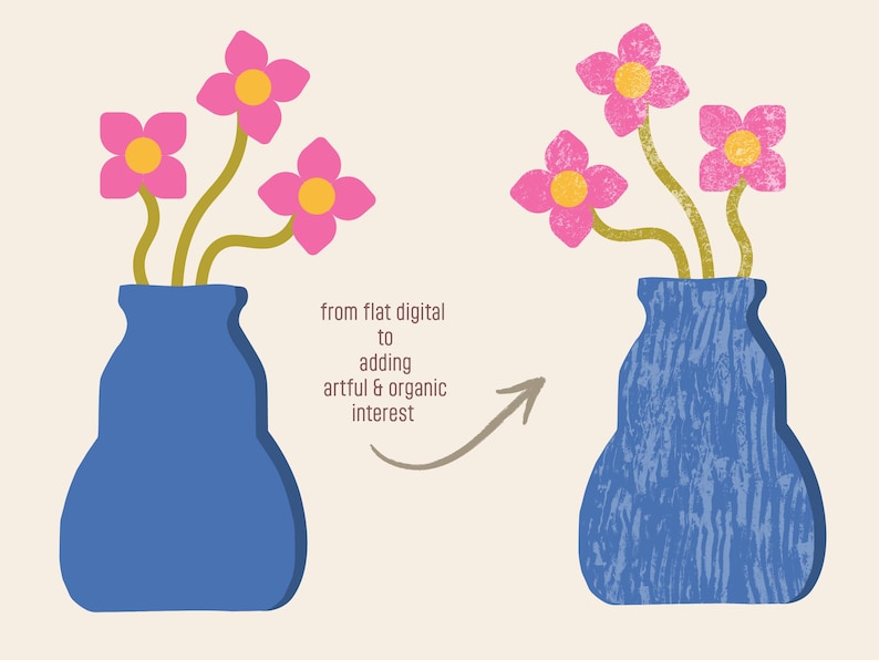 Side-by-side comparison of a simple vector vase of pink flowers (left) and the same vase with textured, distressed overlays (right), with text reading ‘from flat digital to adding artful & organic interest’ and an arrow pointing to the textured version.