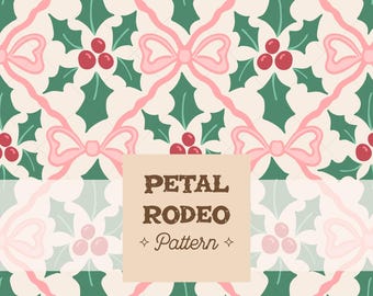 Christmas Bows Seamless Pattern: Holly Berries Trellis (Digital Download) Sublimation PNG Coquette Cute Muted Pink Green Soft