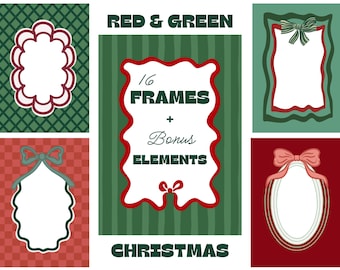 Christmas Frames | Hand Drawn Traditional Red & Green Festive Borders PNG Clipart | Coquette Bows Illustrations Greeting Cards Invitations