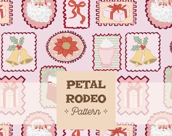 Christmas Motifs in Frames & Postage Stamps Seamless Repeating Pattern File | Cute Coquette Pink Red | Digital Download Sublimation PNG