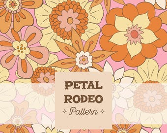 Retro 70s Floral Seamless Repeat Pattern | Pink Orange Flowers | Boho Digital Download Hippie Cute Design Vintage Style Bright Colors PNG