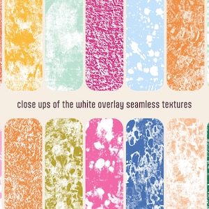 May include: A collection of colorful, textured rectangular designs with rounded corners. The designs feature various colors, including orange, yellow, pink, blue, and green, with white overlay patterns. The text "close ups of the white overlay seamless textures" is displayed.