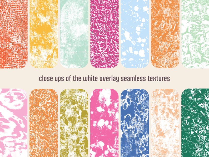 May include: A collection of colorful, textured rectangular designs with rounded corners. The designs feature various colors, including orange, yellow, pink, blue, and green, with white overlay patterns. The text "close ups of the white overlay seamless textures" is displayed.