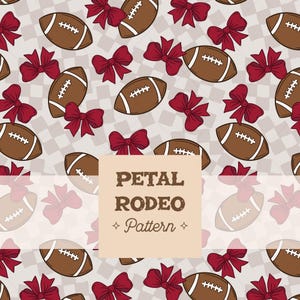 Puede incluir: Un patrón repetitivo con balones de fútbol americano marrones y lazos burdeos sobre un fondo a cuadros gris claro. El texto "PETAL RODEO Pattern" se muestra en un cuadrado beige.